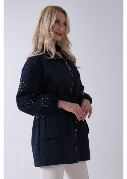 Lacivert Üzeri Taş Detaylı Yandan Cepli Trenç 940140177.02