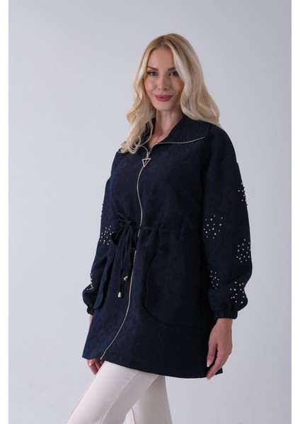 Lacivert Üzeri Taş Detaylı Yandan Cepli Trenç 940140177.02