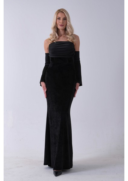 Siyah Drapeli Takma Kol Detaylı Kadife Abiye 0801068.01