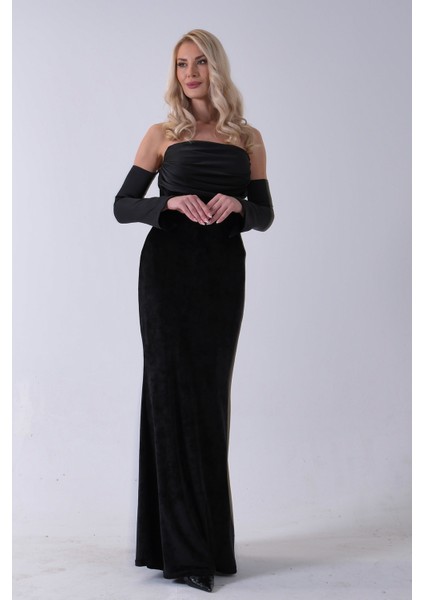 Siyah Drapeli Takma Kol Detaylı Kadife Abiye 0801068.01 fiyatları