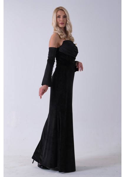 Siyah Drapeli Takma Kol Detaylı Kadife Abiye 0801068.01 indirimleri