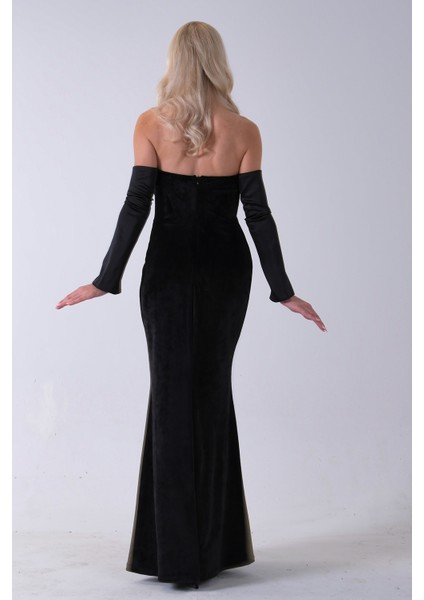 Siyah Drapeli Takma Kol Detaylı Kadife Abiye 0801068.01