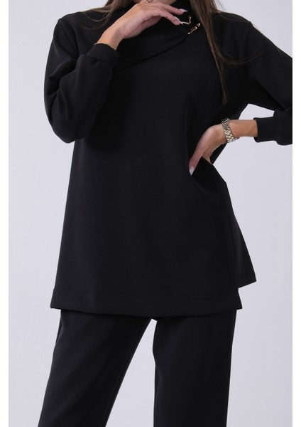 Siyah Bileği Lastikli Tunik Üzeri Detaylı Pantolonlu Takım 4577260.01