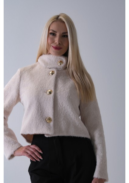 Ekru Yarım Balıkçı Yaka 4 Düğmeli Kaşe Yün Ceket 5307121.147