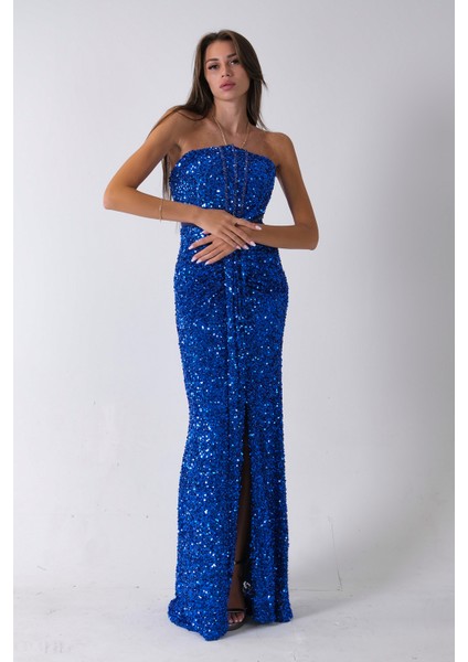 Saks Önü Taş Detaylı Yırtmaçlı Pul Payet Straplez Abiye 0801163.26