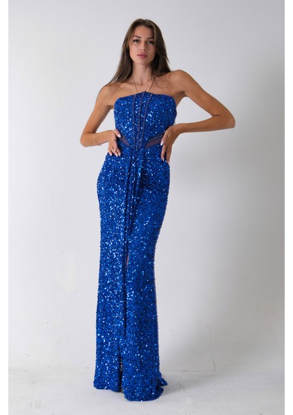 Saks Önü Taş Detaylı Yırtmaçlı Pul Payet Straplez Abiye 0801163.26 modelleri