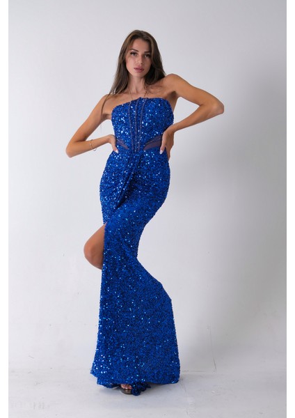 Saks Önü Taş Detaylı Yırtmaçlı Pul Payet Straplez Abiye 0801163.26 fırsatları