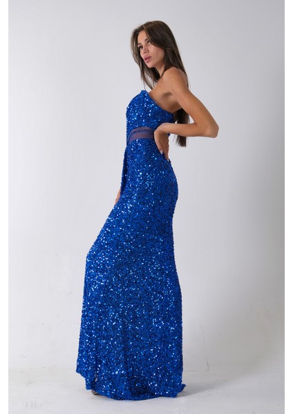 Saks Önü Taş Detaylı Yırtmaçlı Pul Payet Straplez Abiye 0801163.26 indirimleri