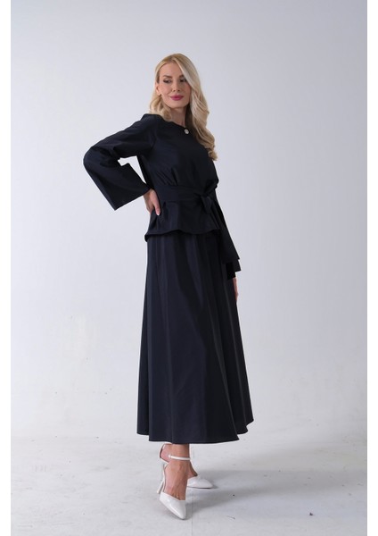 Lacivert Önü Tek Düğmeli Kuşaklı Etek Ceket 31040701.02