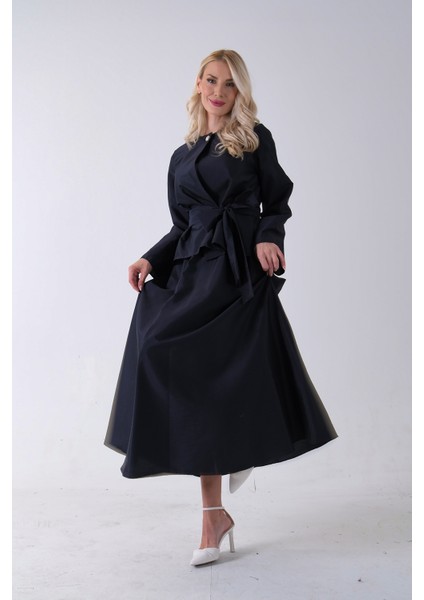 Lacivert Önü Tek Düğmeli Kuşaklı Etek Ceket 31040701.02 modelleri