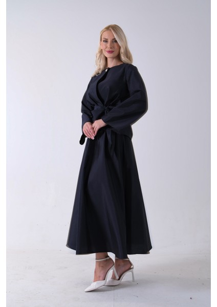 Lacivert Önü Tek Düğmeli Kuşaklı Etek Ceket 31040701.02