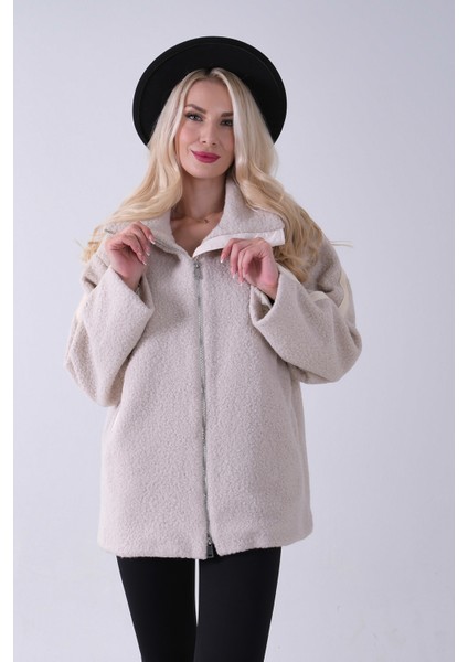 Krem Ön Fermuarlı Deri Biyeli Kıvırcık Mont 3971200.19