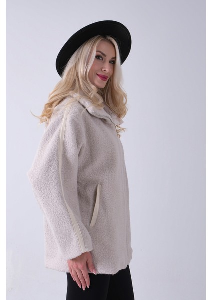 Krem Ön Fermuarlı Deri Biyeli Kıvırcık Mont 3971200.19 indirimleri