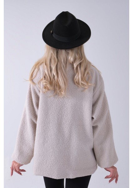 Krem Ön Fermuarlı Deri Biyeli Kıvırcık Mont 3971200.19