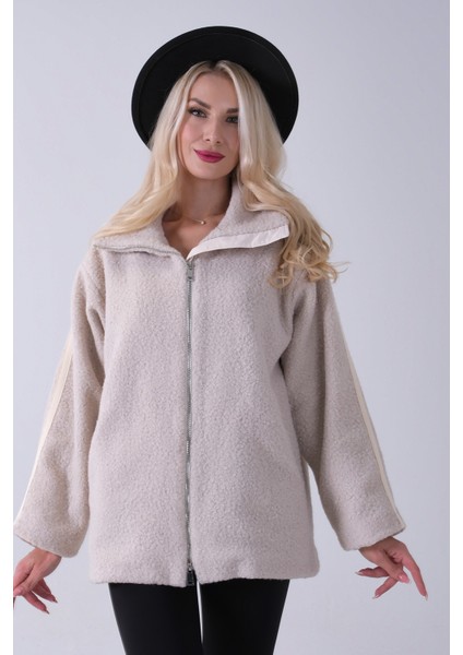 Krem Ön Fermuarlı Deri Biyeli Kıvırcık Mont 3971200.19