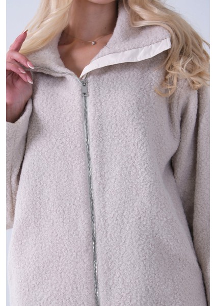 Krem Ön Fermuarlı Deri Biyeli Kıvırcık Mont 3971200.19