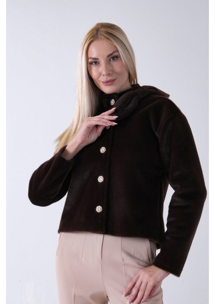 Kahve Omuz Fiyonk Detaylı Düğme Kapamalı Kaşe Ceket 41630060.05