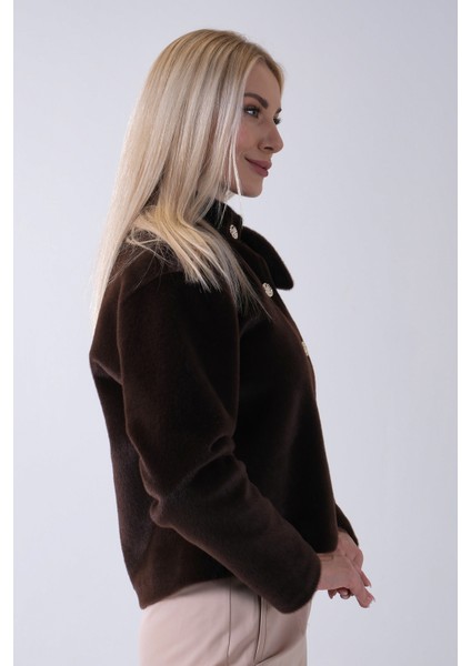 Kahve Omuz Fiyonk Detaylı Düğme Kapamalı Kaşe Ceket 41630060.05