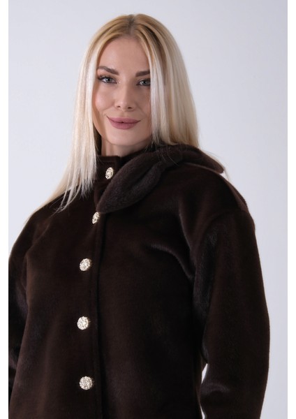 Kahve Omuz Fiyonk Detaylı Düğme Kapamalı Kaşe Ceket 41630060.05