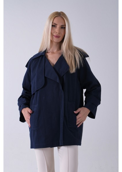 Lacivert Yandan Cepli Omuz Apolet Detaylı Trenç 422234.02