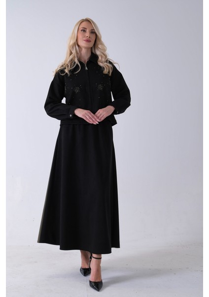 Siyah Ceket Fermuar Kapamalı Üzeri Taş Detaylı Etekli Kadife Takım 4577264.01 modelleri