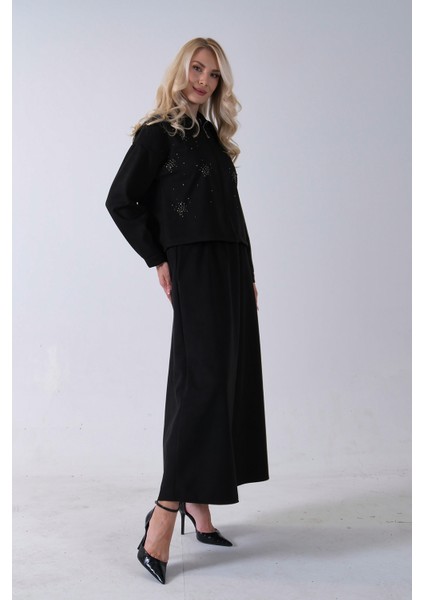 Siyah Ceket Fermuar Kapamalı Üzeri Taş Detaylı Etekli Kadife Takım 4577264.01 indirimleri