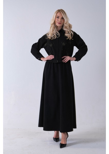 Siyah Ceket Fermuar Kapamalı Üzeri Taş Detaylı Etekli Kadife Takım 4577264.01