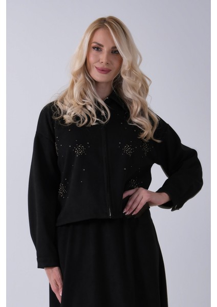 Siyah Ceket Fermuar Kapamalı Üzeri Taş Detaylı Etekli Kadife Takım 4577264.01