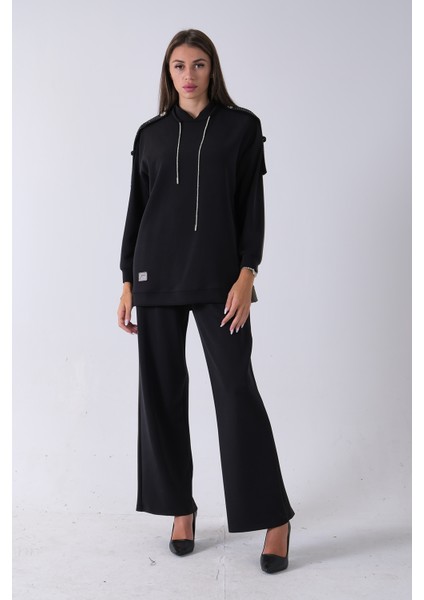 Siyah Omuz Apolet Detaylı Yakası Ipli Tunik Pantolonlu Takım 4577281.01