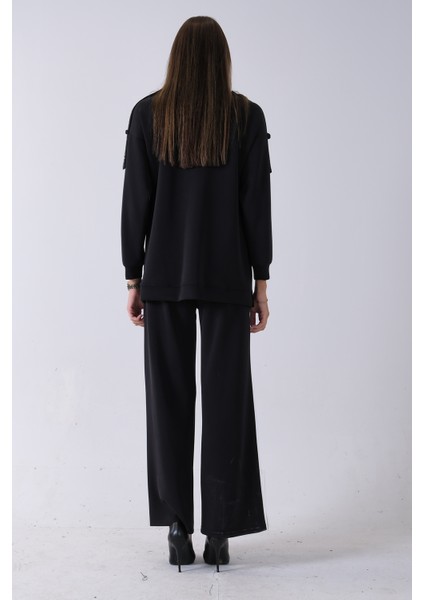 Siyah Omuz Apolet Detaylı Yakası Ipli Tunik Pantolonlu Takım 4577281.01
