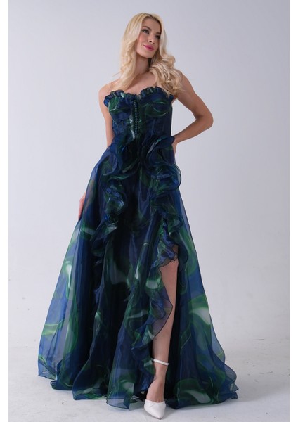 Lacivert Straplez Yaka Önü Düğme Detaylı Desenli Fırfırlı Abiye 9705680.02 fiyatları