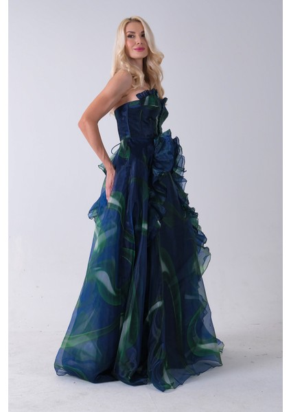 Lacivert Straplez Yaka Önü Düğme Detaylı Desenli Fırfırlı Abiye 9705680.02 modelleri