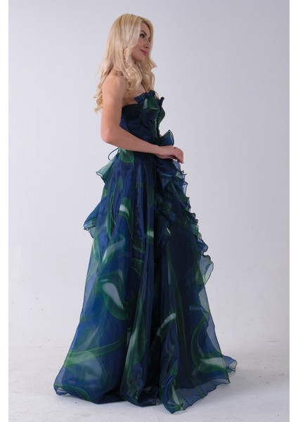 Lacivert Straplez Yaka Önü Düğme Detaylı Desenli Fırfırlı Abiye 9705680.02 fırsatları