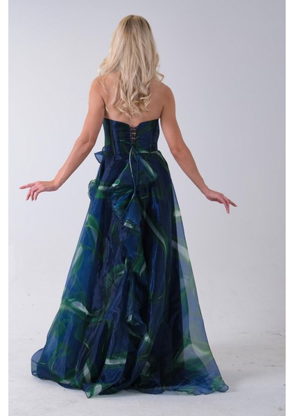 Lacivert Straplez Yaka Önü Düğme Detaylı Desenli Fırfırlı Abiye 9705680.02 indirimleri