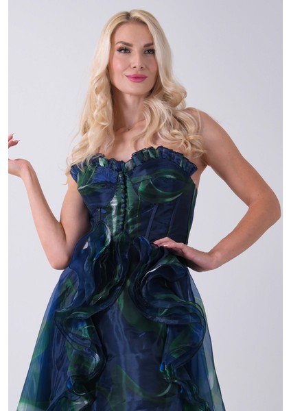 Lacivert Straplez Yaka Önü Düğme Detaylı Desenli Fırfırlı Abiye 9705680.02