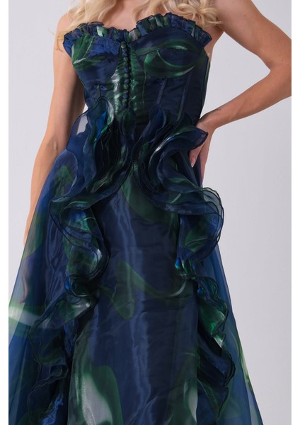 Lacivert Straplez Yaka Önü Düğme Detaylı Desenli Fırfırlı Abiye 9705680.02