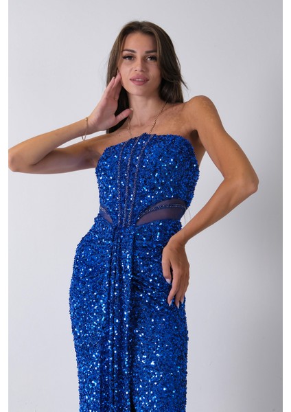 Saks Önü Taş Detaylı Yırtmaçlı Pul Payet Straplez Abiye 0801163.26