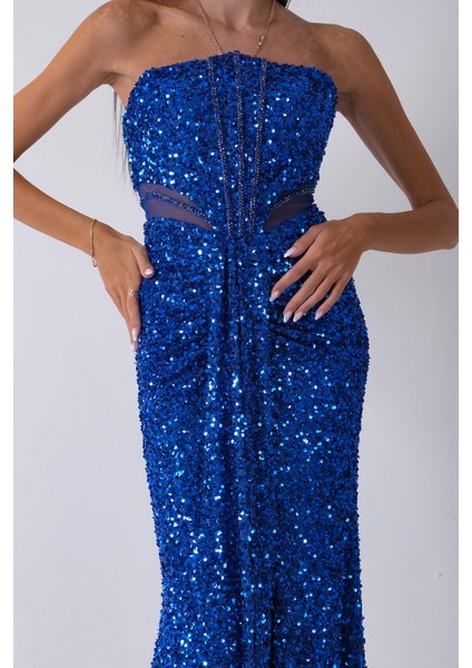 Saks Önü Taş Detaylı Yırtmaçlı Pul Payet Straplez Abiye 0801163.26