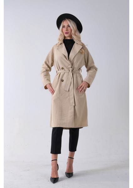 Bej Önden Düğme Kapamalı Yandan Cepli Kuşaklı Uzun Trenç 4200823.55