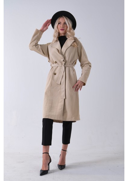 Bej Önden Düğme Kapamalı Yandan Cepli Kuşaklı Uzun Trenç 4200823.55 fiyatları