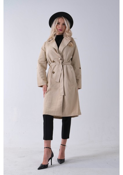 Bej Önden Düğme Kapamalı Yandan Cepli Kuşaklı Uzun Trenç 4200823.55 modelleri