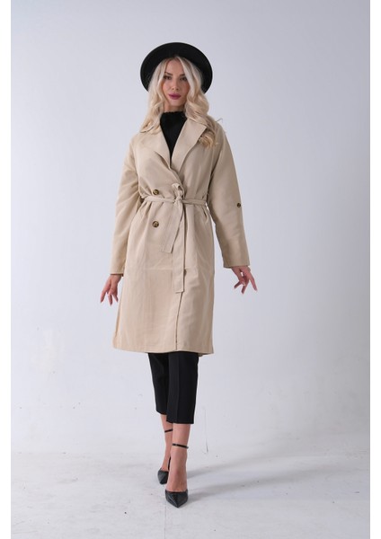 Bej Önden Düğme Kapamalı Yandan Cepli Kuşaklı Uzun Trenç 4200823.55 fırsatları
