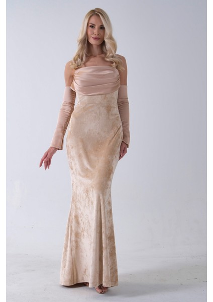 Gold Drapeli Takma Kol Detaylı Kadife Abiye 0801068.122