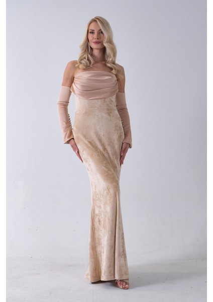 Gold Drapeli Takma Kol Detaylı Kadife Abiye 0801068.122 fiyatları