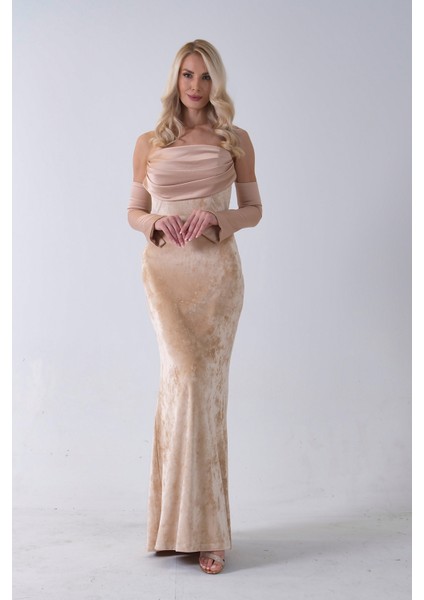 Gold Drapeli Takma Kol Detaylı Kadife Abiye 0801068.122 modelleri