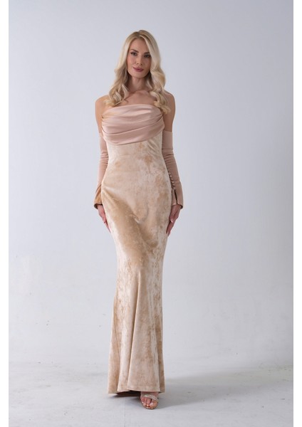 Gold Drapeli Takma Kol Detaylı Kadife Abiye 0801068.122 fırsatları