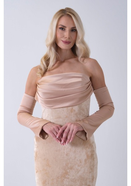 Gold Drapeli Takma Kol Detaylı Kadife Abiye 0801068.122