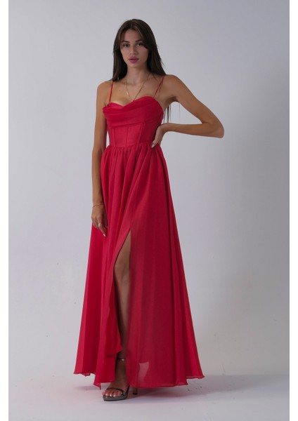 Kırmızı Ince Askılı Uzun Şifon Abiye Elbise 08020031.08