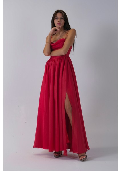 Kırmızı Ince Askılı Uzun Şifon Abiye Elbise 08020031.08 fiyatları
