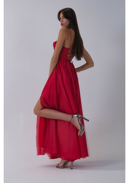 Kırmızı Ince Askılı Uzun Şifon Abiye Elbise 08020031.08 modelleri